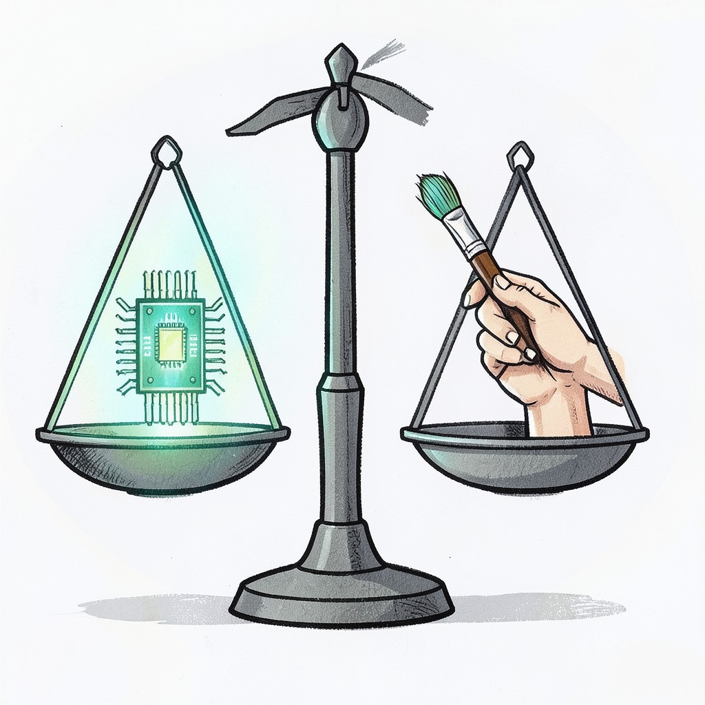 Whimsical editorial illustration for AI replacing human jobs