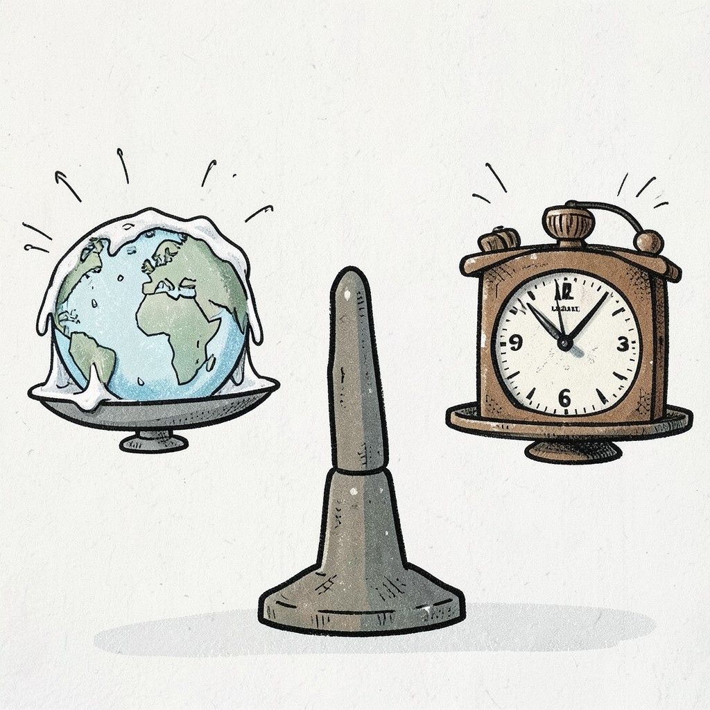 Whimsical editorial illustration for Climate change is the biggest threat to humanity