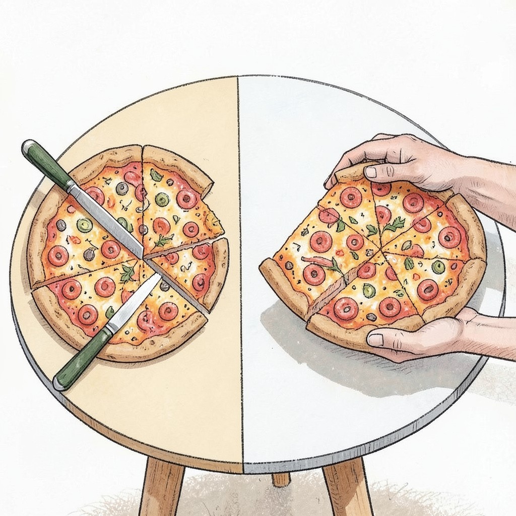Whimsical editorial illustration for Eating pizza with a knife and fork