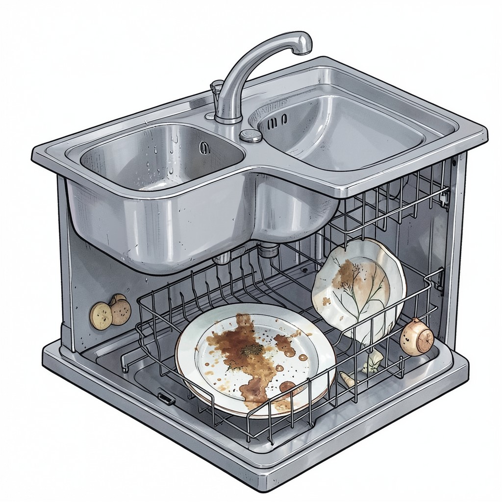 Whimsical editorial illustration for Put dirty dishes in sink before dishwasher
