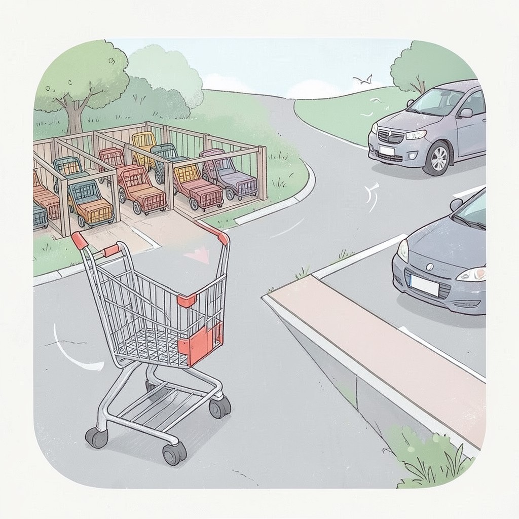 Whimsical editorial illustration for Return the cart to the cart corral at Costco