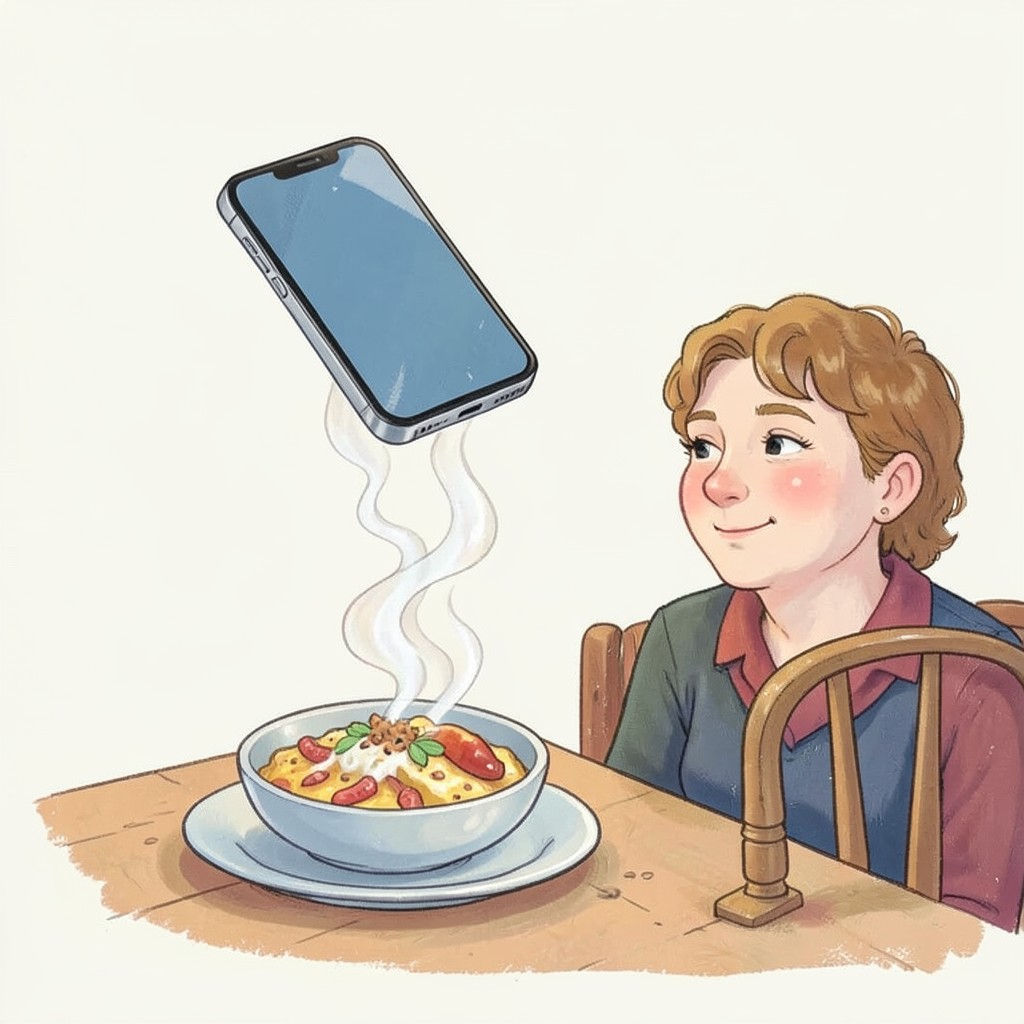 Whimsical editorial illustration for Taking photos of your food at restaurants
