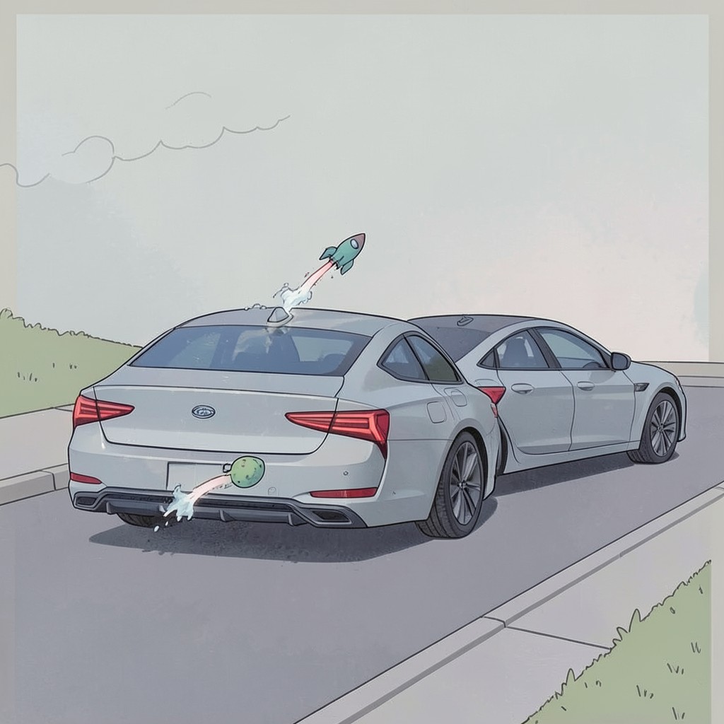 Whimsical editorial illustration for Tesla owners who put bumper stickers like "Send Elon to Mars" on their cars